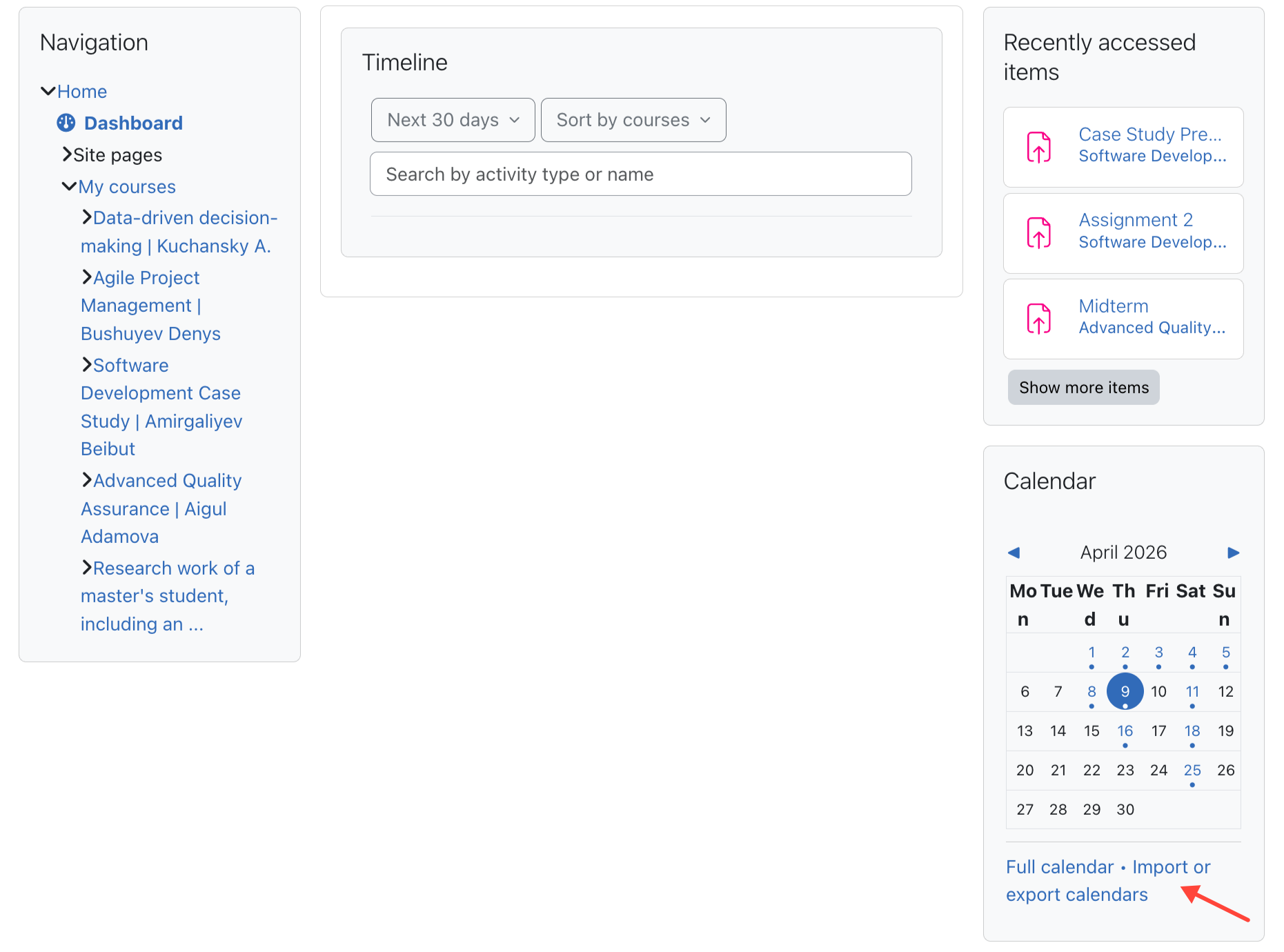 Moodle dashboard with calendar widget and Import/Export link highlighted