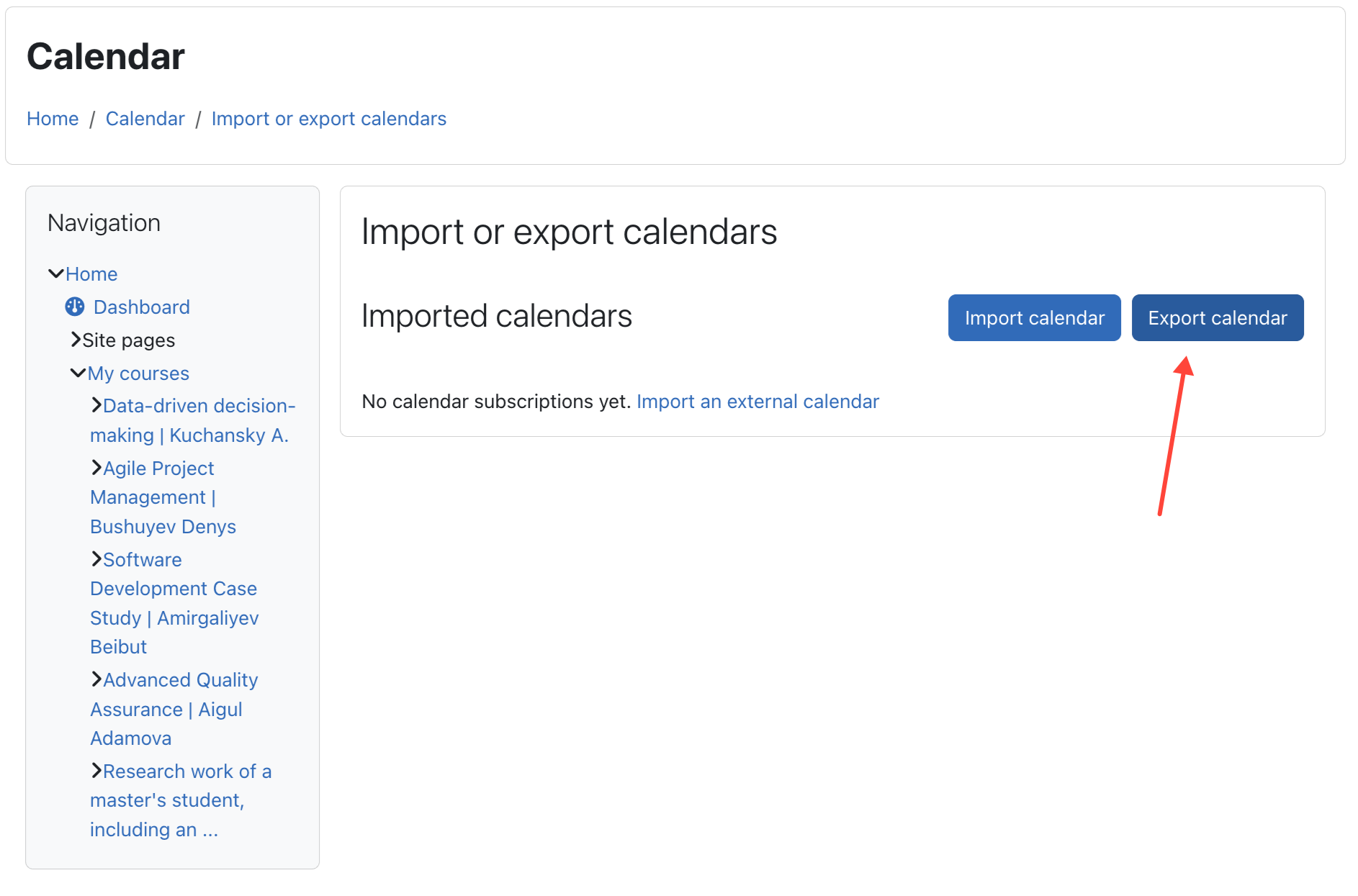 Import or export calendars page with Export calendar button highlighted
