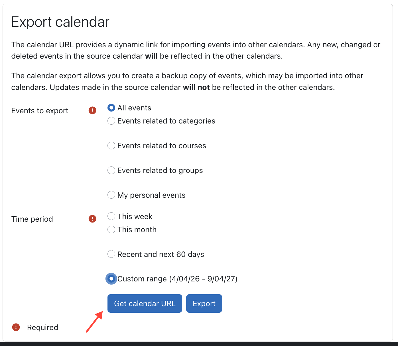Export calendar form with Get calendar URL button highlighted